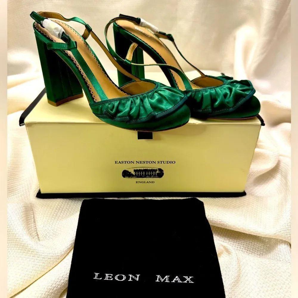 NIB Leon Max emerald green satin block ruffle slingback high heels size 38 7.5
